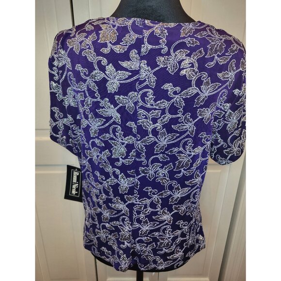NWT Vintage Y2K Purple/Silver Floral Slinky Top XL Glitter Square Neck Retro - Picture 2 of 9